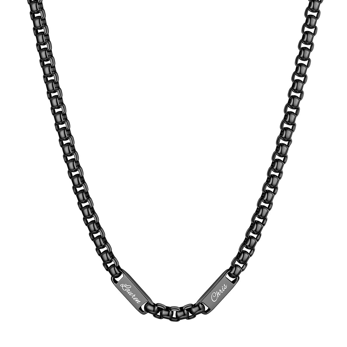 Black Plated Personalized Engraving 2 Name Box Chain Necklace on a white background 7mm 