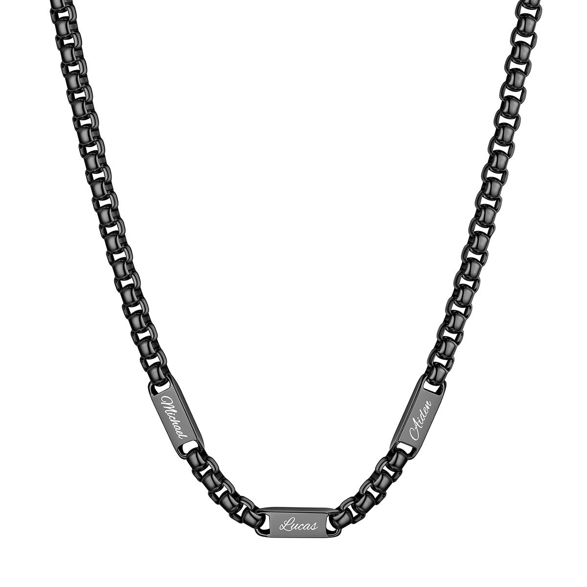 Black Plated Personalized Engraving 3 Name Box Chain Necklace on a white background 7mm 