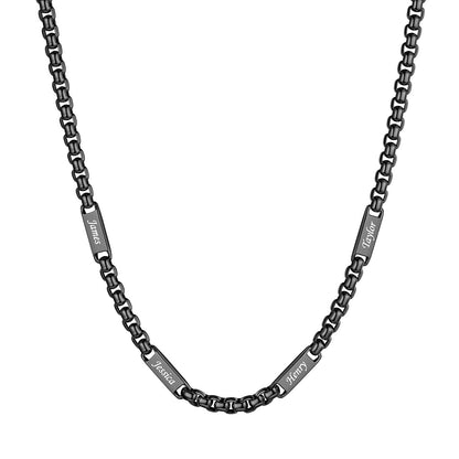 Black Plated Personalized Engraving 4 Name Box Chain Necklace on a white background 5mm 