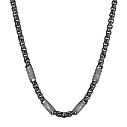 Black Plated Personalized Engraving 4 Name Box Chain Necklace on a white background 7mm 