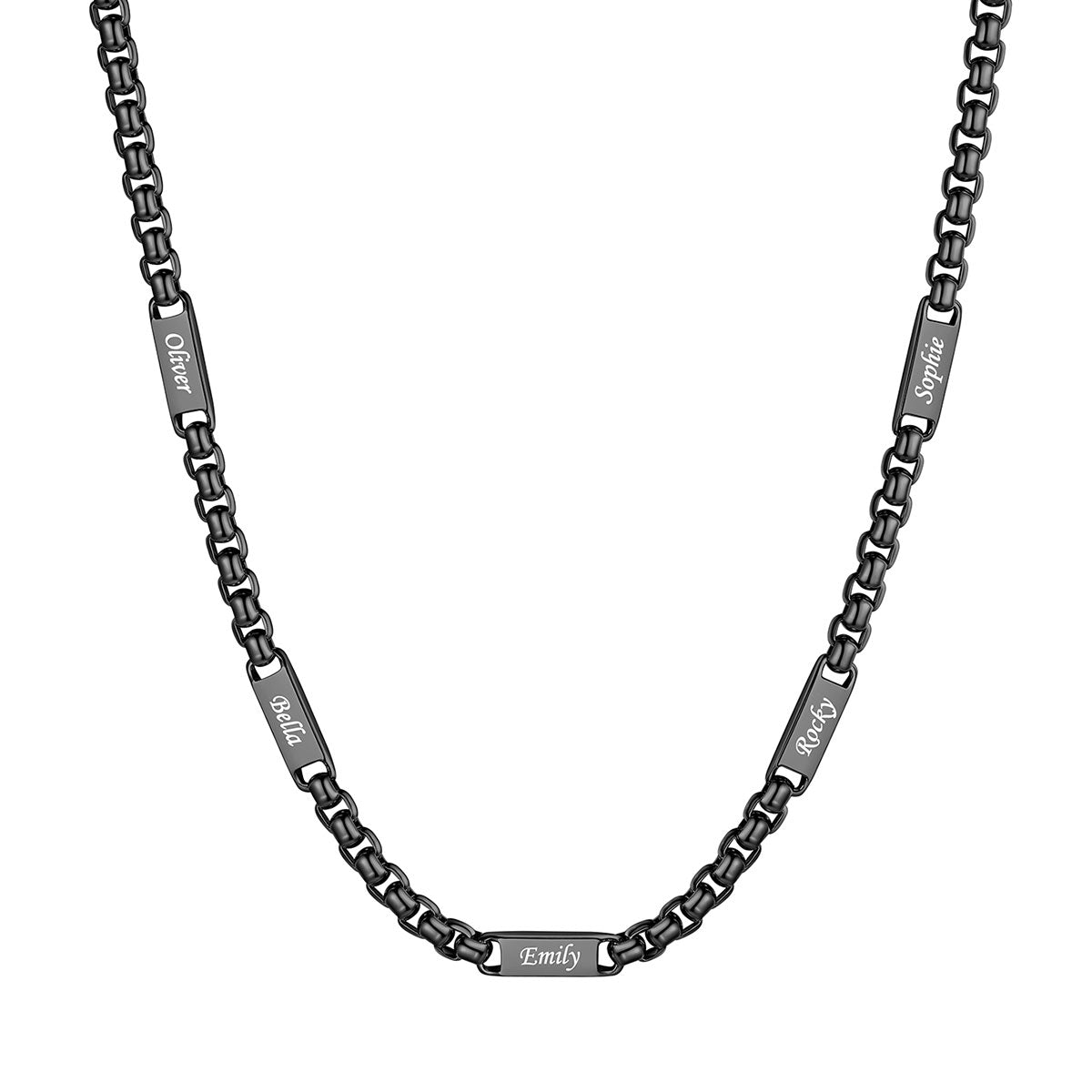 Black Plated Personalized Engraving 5 Name Box Chain Necklace on a white background 5mm 