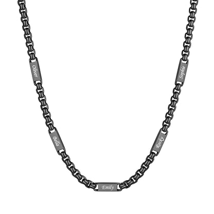 Black Plated Personalized Engraving 5 Name Box Chain Necklace on a white background 5mm 