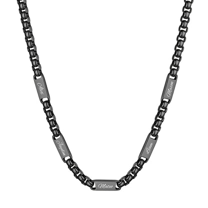 Black Plated Personalized Engraving 5 Name Box Chain Necklace on a white background 7mm 