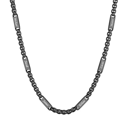 Black Plated Personalized Engraving 6 Name Box Chain Necklace on a white background 5mm 