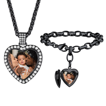 Black Plated Personalized Heart Photo Necklace & Locket Bracelet Set on a white background 