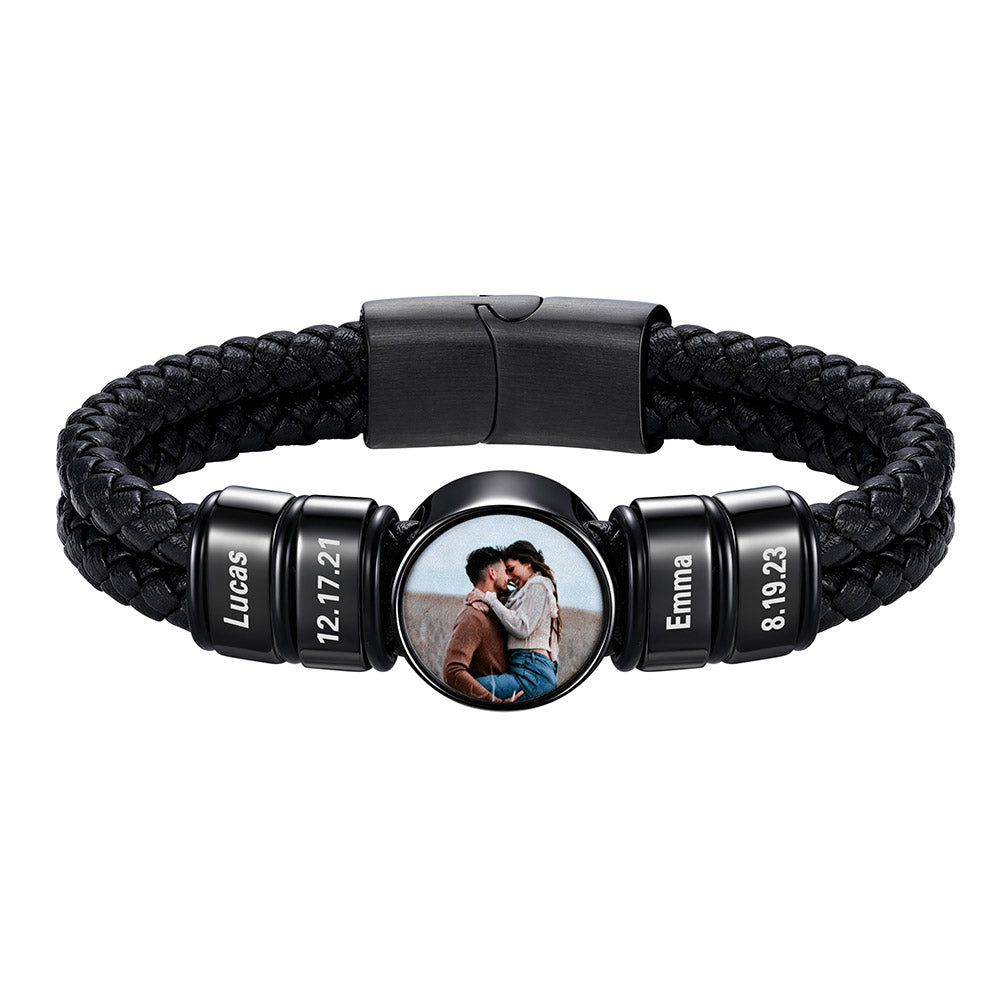 Black Plated Personalized Multi-Name Photo Double Layer Leather Bracelet for Men on a white background