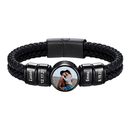 Black Plated Personalized Multi-Name Photo Double Layer Leather Bracelet for Men on a white background