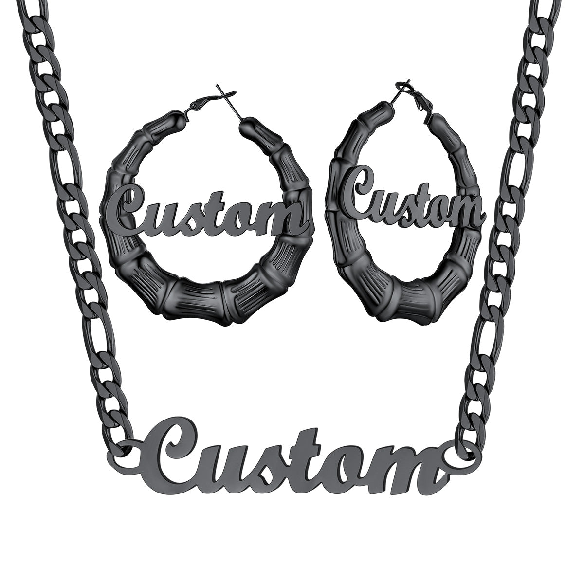 Black Plated Personalized Name Figaro Chain Necklace and Bamboo Name Hoop Earrings Set on a white background