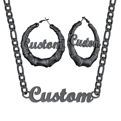 Black Plated Personalized Name Figaro Chain Necklace and Bamboo Name Hoop Earrings Set on a white background
