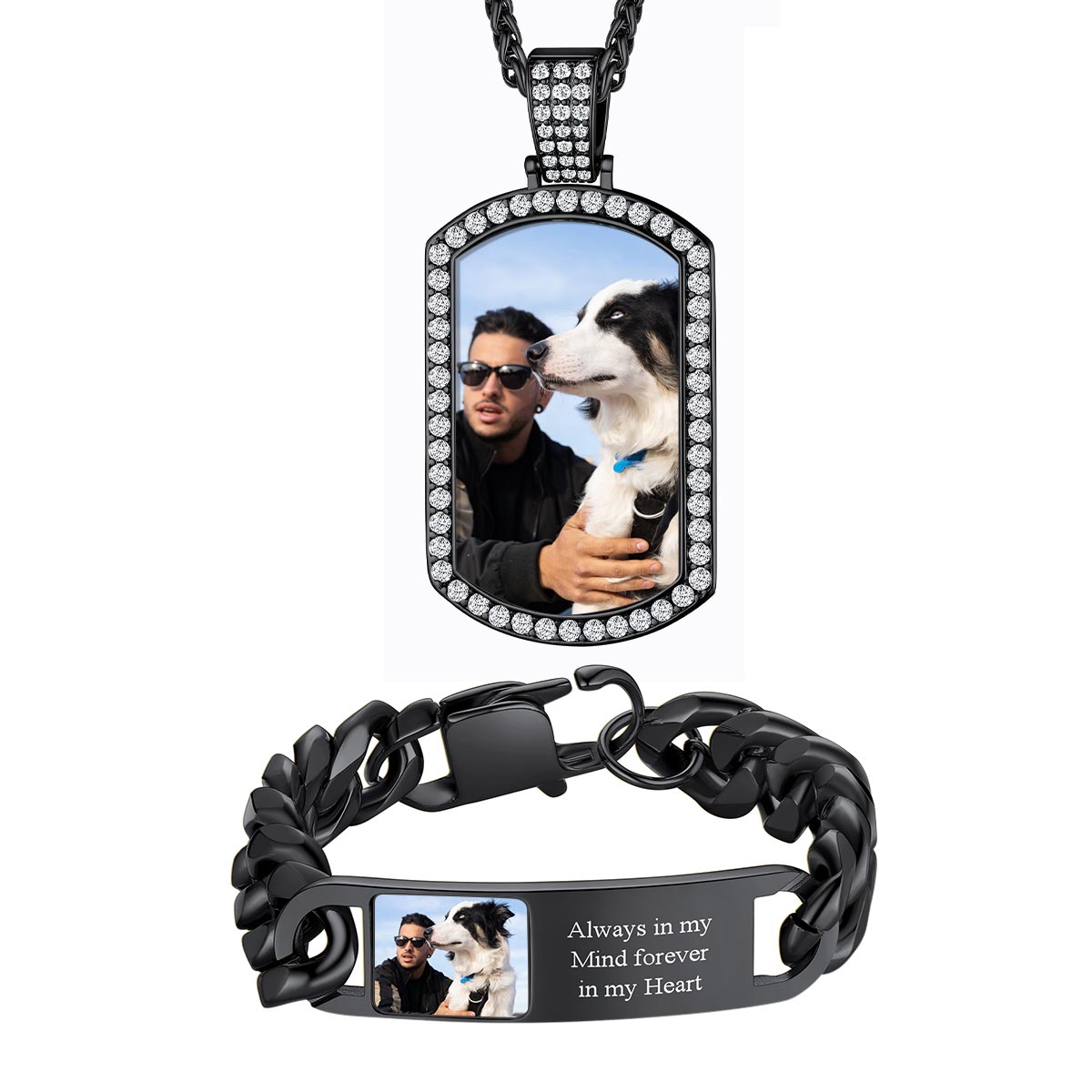 Black Plated Personalized Photo Dog Tag Necklace & Bracelet Set on a white background