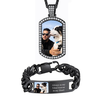 Black Plated Personalized Photo Dog Tag Necklace & Bracelet Set on a white background