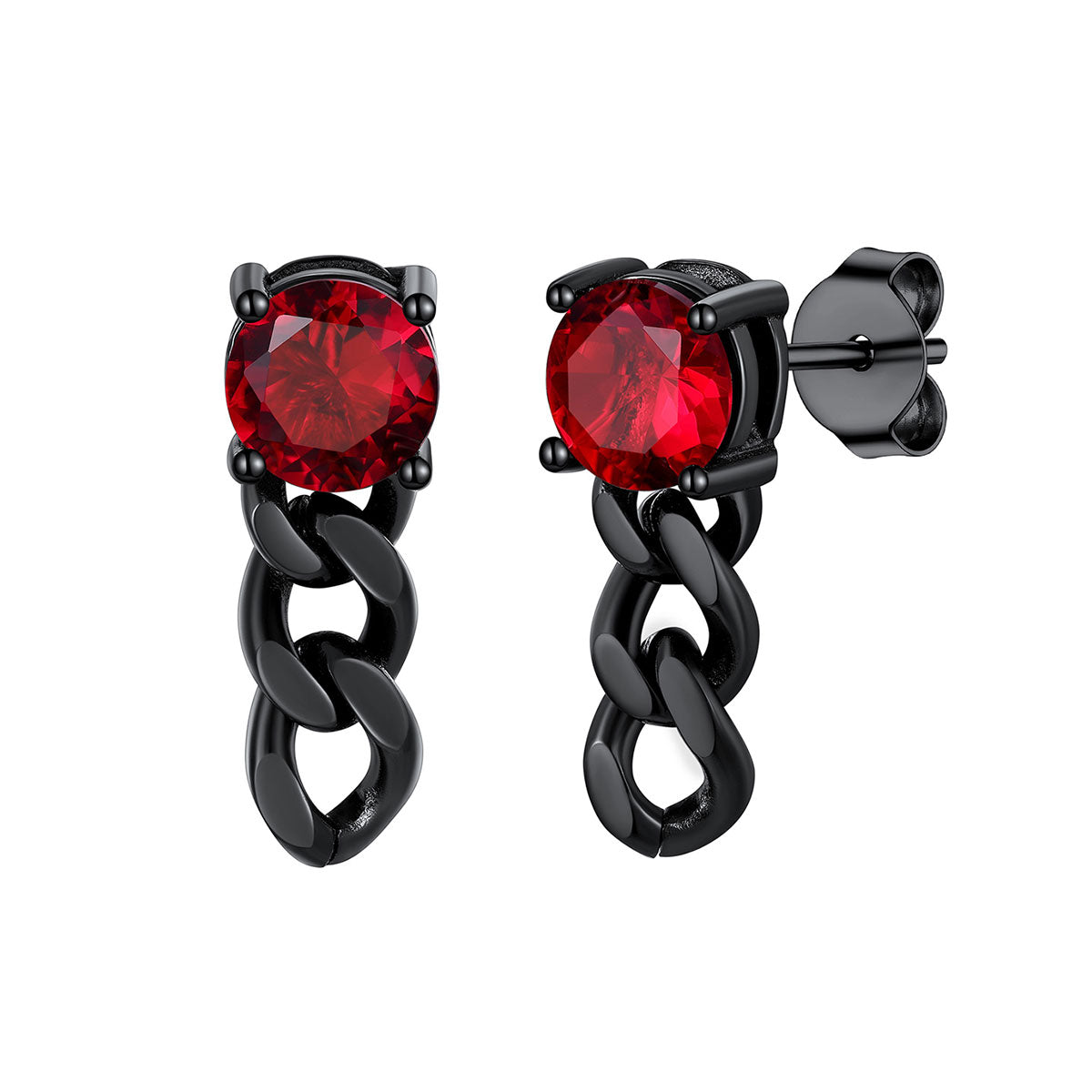 Black Plated Red Stone Cuban Link Chain Dangle Stud Earrings