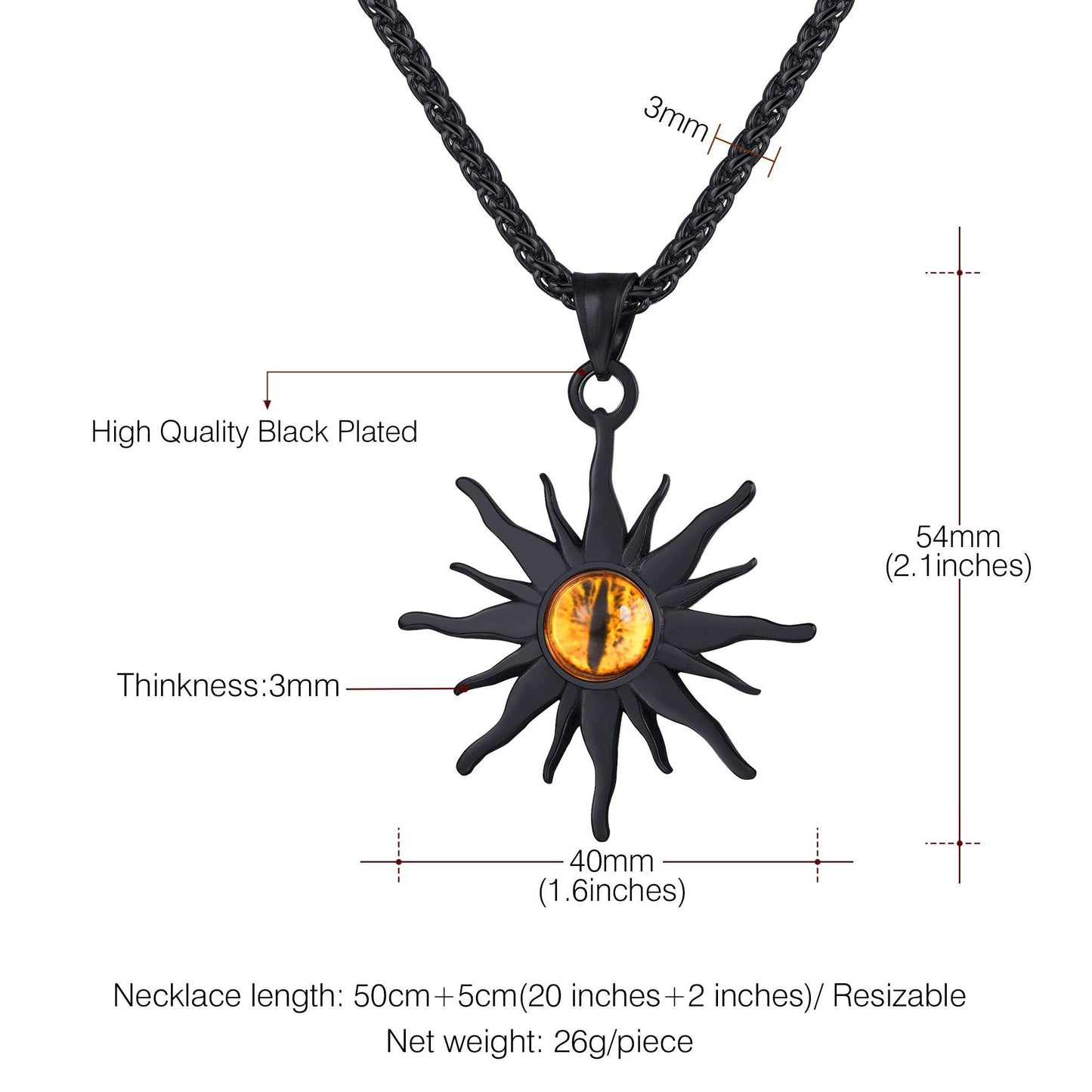 Black Plated Sunburst Yellow Evil Eye Necklace
