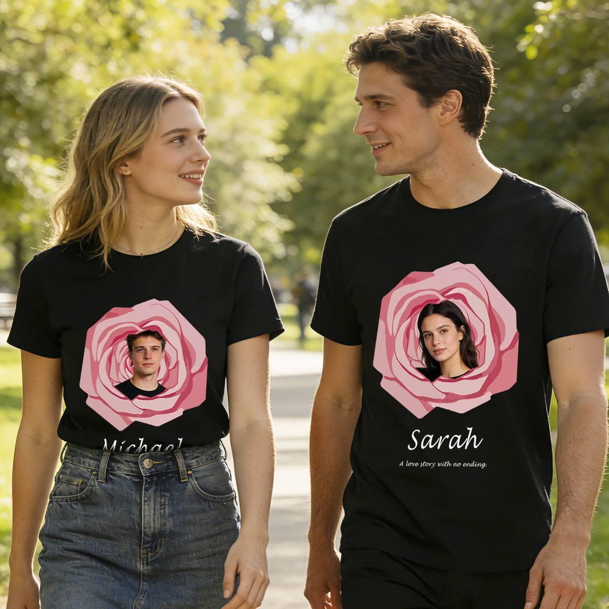Black Rose Custom Photo Text Couple T Shirt Gift