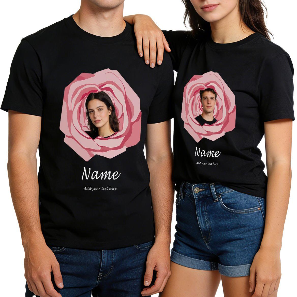 Black Rose Custom Photo Text Couple T Shirt Gift for Him & Her