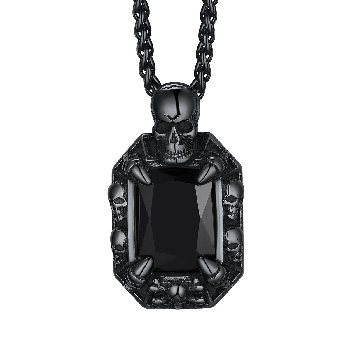 Black  Stone Skull Pendant Necklace Black Plated