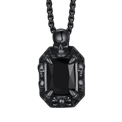Black  Stone Skull Pendant Necklace Black Plated