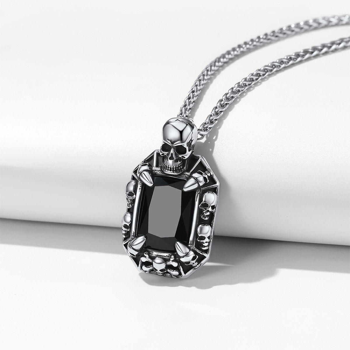 Black Stone Skull Pendant Necklace in Stainless Steel