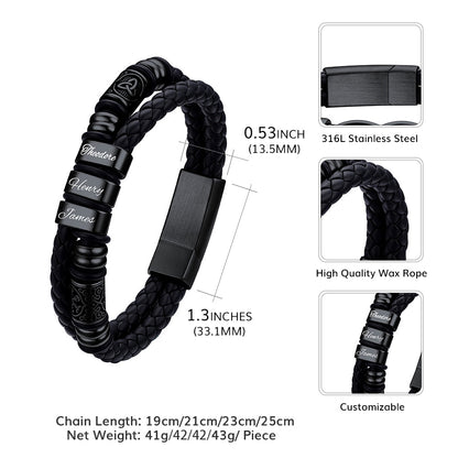 Black Viking Custom Name bracelet with customizable features and measurements on a white background