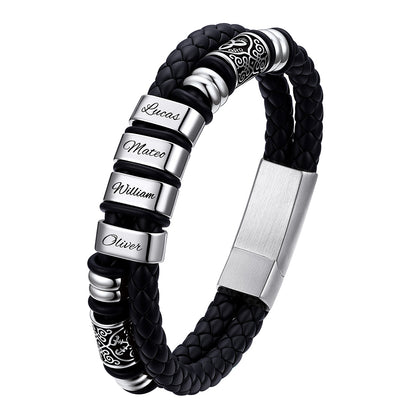 Black Viking leather bracelet with silver nameplates on a white background