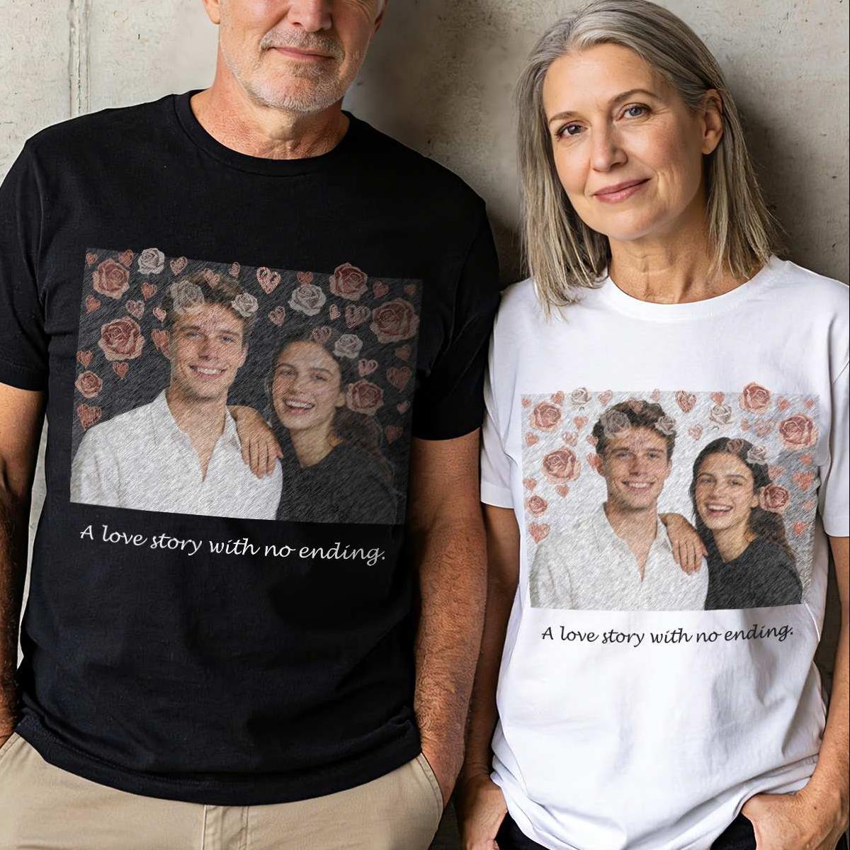 Black and white Custom Retro Photo Text Couple T Shirt  Vintage Personalized Gift for Him & Her