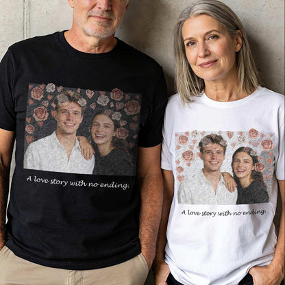 Black and white Custom Retro Photo Text Couple T Shirt  Vintage Personalized Gift for Him & Her