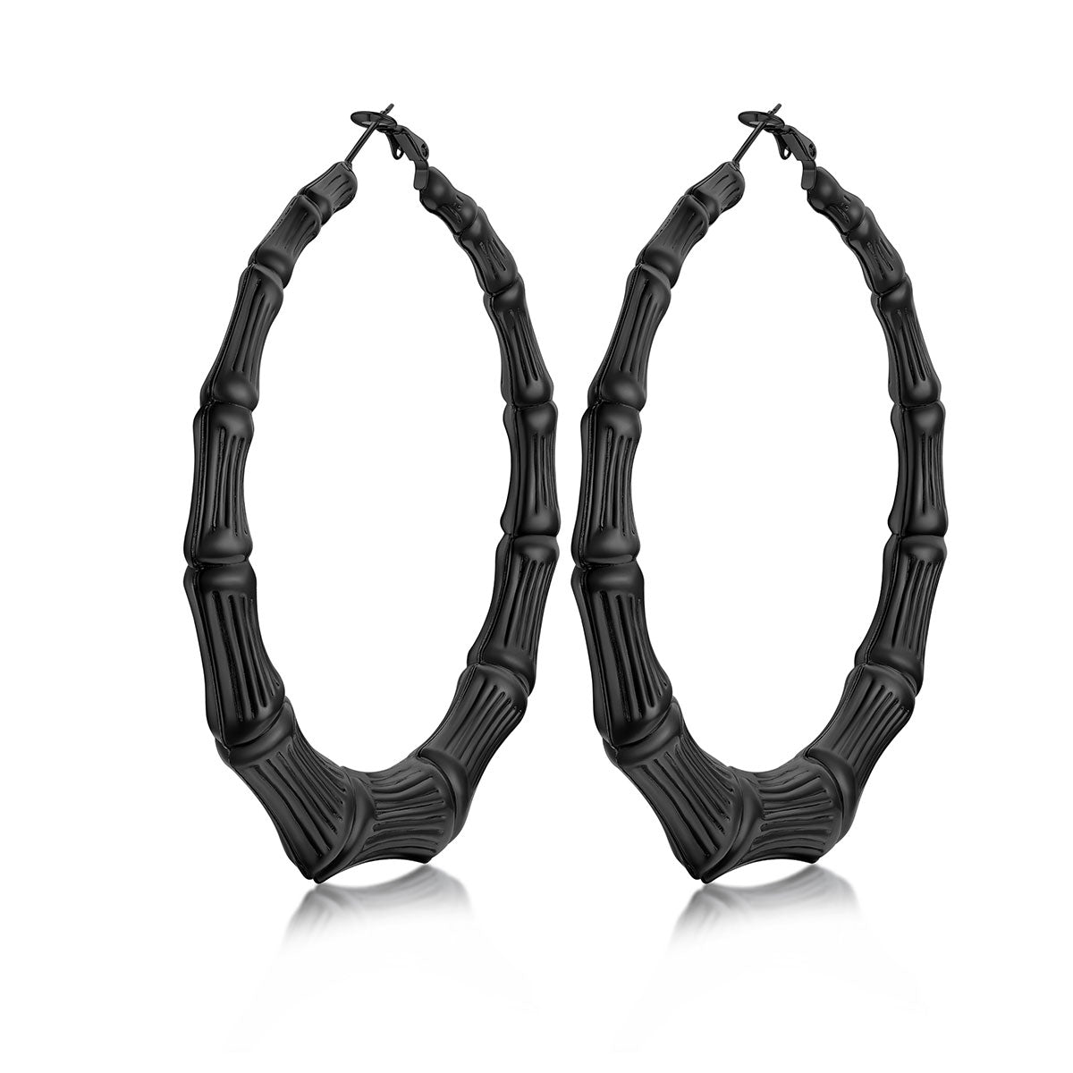 Black bamboo hoop earrings on a white background 80mm