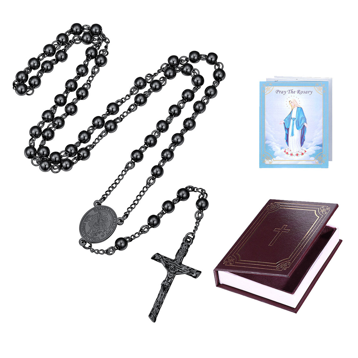 Black beaded rosary with a dark metal crucifix and medallion, shown with a small prayer card and a dark burgundy rosary box on a plain white background.
