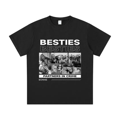 Black besties t-shirt with 'BESTIES' and 'PARTNERS IN CRIME' text and collage of images on a white background