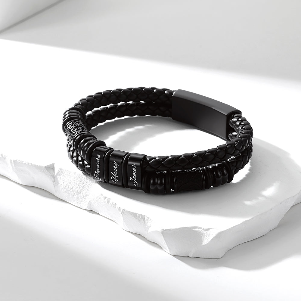 Black braided Custom Name Viking bracelet on a white background