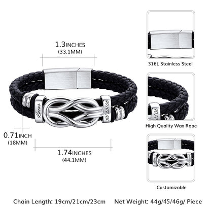Black braided leather bracelet with silver infinity knot charm, featuring measurements and material details.