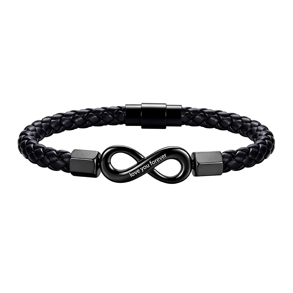 Black braided leather infinity bracelet with a black infinity symbol centerpiece engraved with 'love you forever', set against a plain white background.