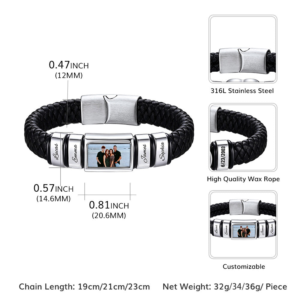 Black braided rope bracelet with stainless steel beads and a customizable photo center, shown with dimension labels, inset close-ups of the clasp and beads, and text noting chain length, net weight, 316L stainless steel, high quality wax rope, and customization.