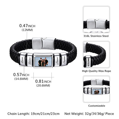 Black braided rope bracelet with stainless steel beads and a customizable photo center, shown with dimension labels, inset close-ups of the clasp and beads, and text noting chain length, net weight, 316L stainless steel, high quality wax rope, and customization.