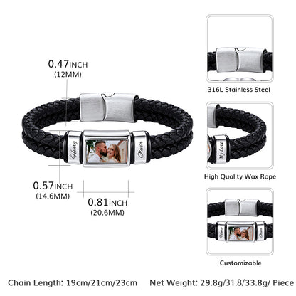 Black braided rope multi name photo bracelet with a stainless steel photo plaque and adjustable clasp, shown with dimension labels and inset detail views on a white background.