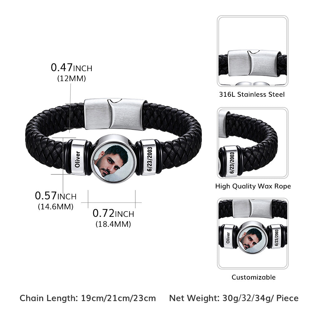 Black braided rope photo bracelet with a silver stainless steel clasp and a customizable circular photo center, shown with dimension labels and inset detail images on a white background.