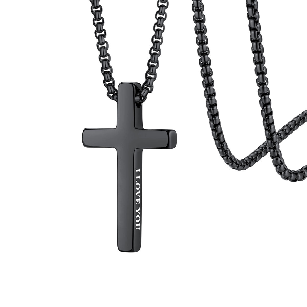 Black cross necklace with 'LOVE YOU' engraving on a white background