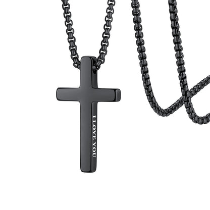 Black cross necklace with 'LOVE YOU' engraving on a white background