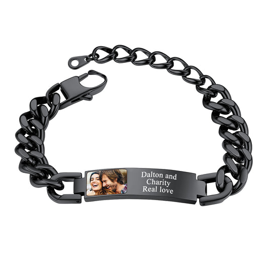 Black cuban link bracelet with a photo and text tag on a white background