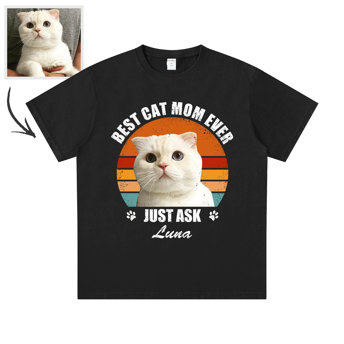 Black custom cat t-shirt with a cat graphic and text 'Best cat mom ever, just ask Luna' on a white background.