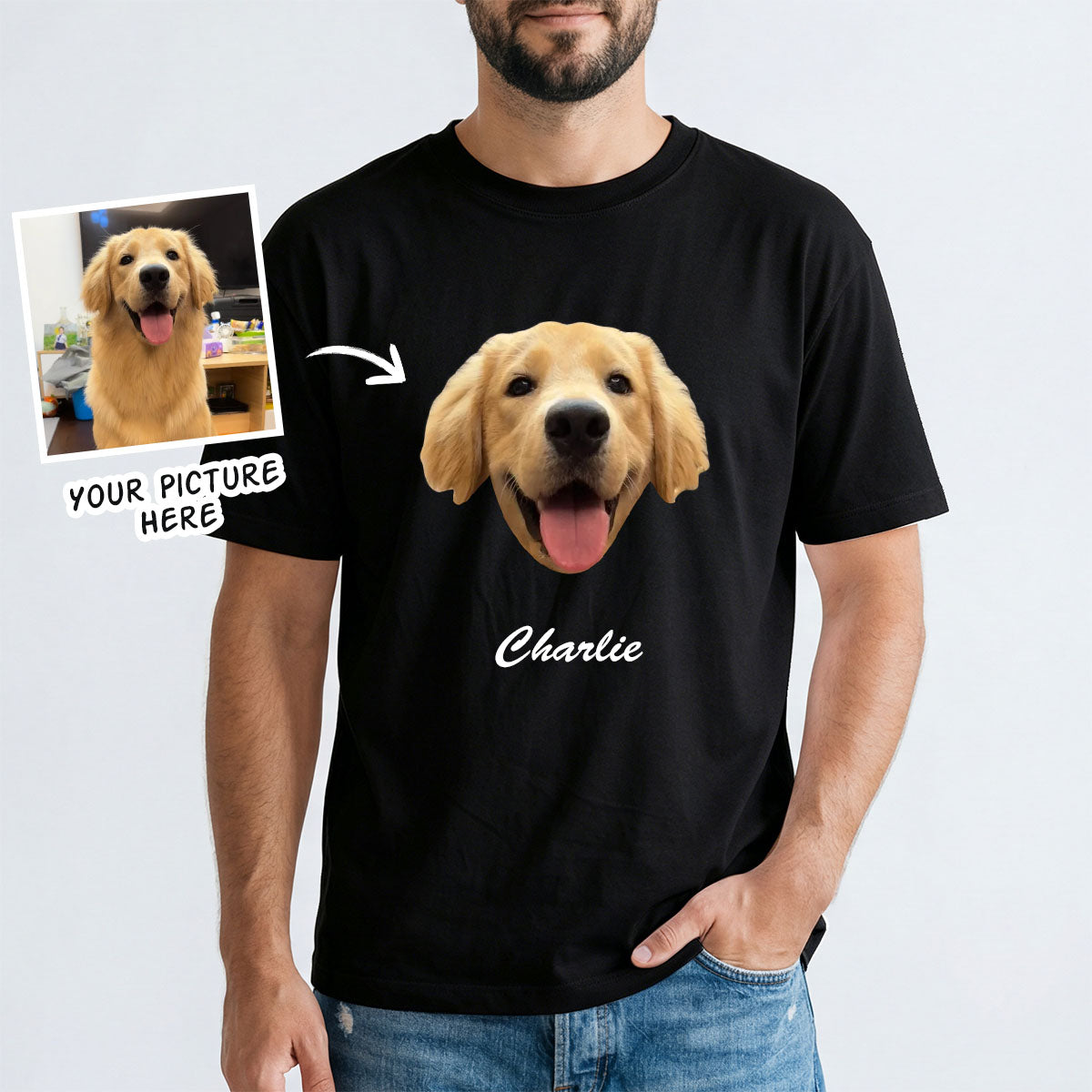 Black custom dog photo t-shirt with a dog's face printed on it, labeled 'Charlie', with an inset photo of a golden retriever.