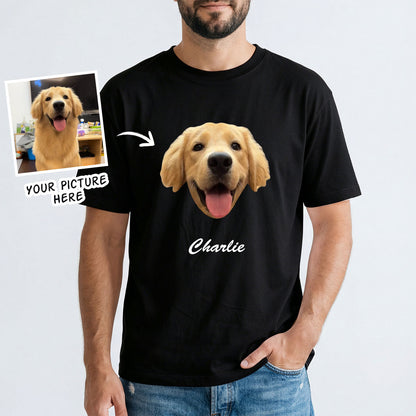 Black custom dog photo t-shirt with a dog's face printed on it, labeled 'Charlie', with an inset photo of a golden retriever.