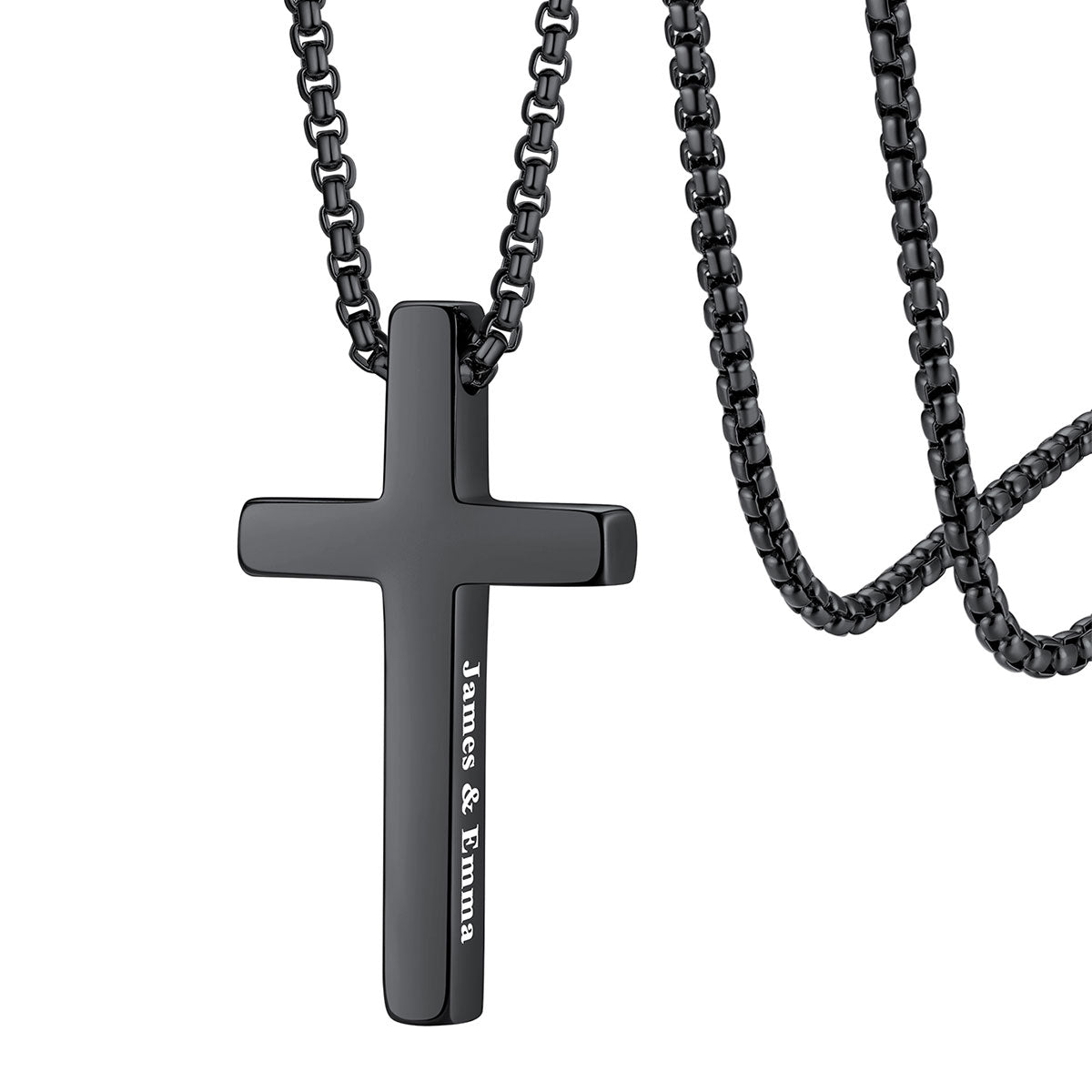 Black custom engraved cross pendant necklace with engraved text on a white background