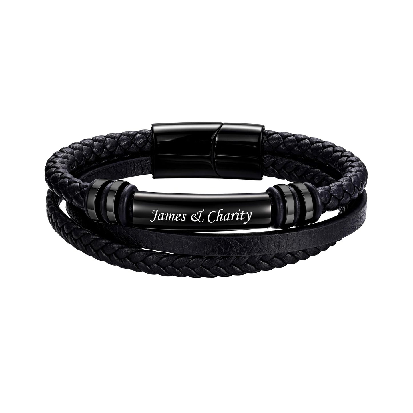 Black custom engraved leather bracelet on a white background with dimension arrows and labels indicating 200mm length, 115mm depth, and 54mm height.