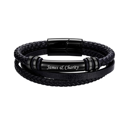 Black custom engraved leather bracelet on a white background with dimension arrows and labels indicating 200mm length, 115mm depth, and 54mm height.