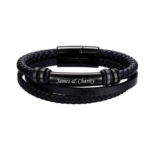 Black custom engraved leather bracelet on a white background with dimension arrows and labels indicating 200mm length, 115mm depth, and 54mm height.
