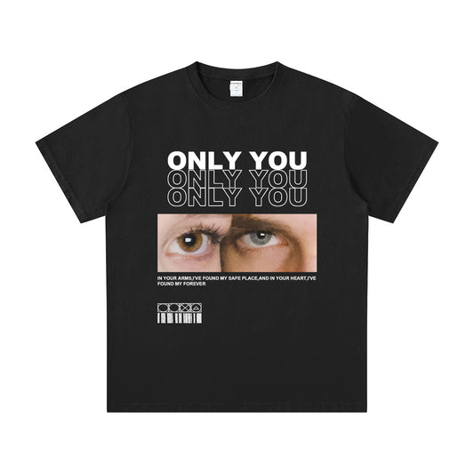 Black custom eyes t-shirt with graphic design and text on a white background