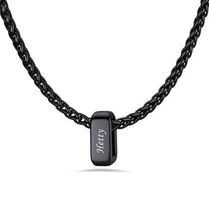 Black custom name necklace with 1 rectangular pendant engraved on a white background