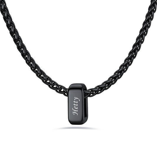 Black custom name necklace with 1 rectangular pendant engraved on a white background