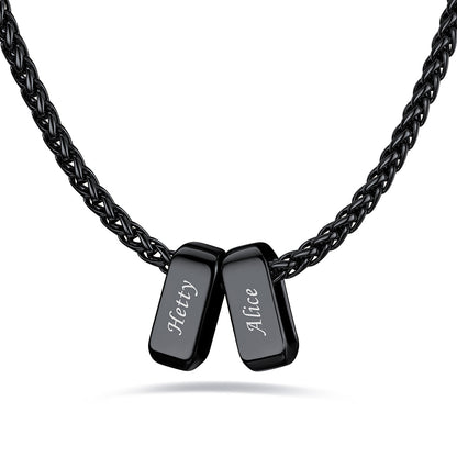Black custom name necklace with 2 rectangular pendant engraved on a white background